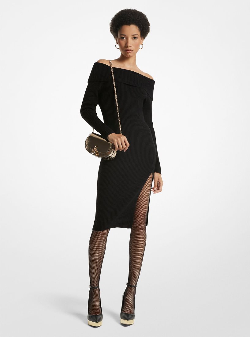 Vestido Michael Kors Off-The-Shoulder Ribbed Wool and Cashmere Dress Mujer Negras | 8270-HJEWI