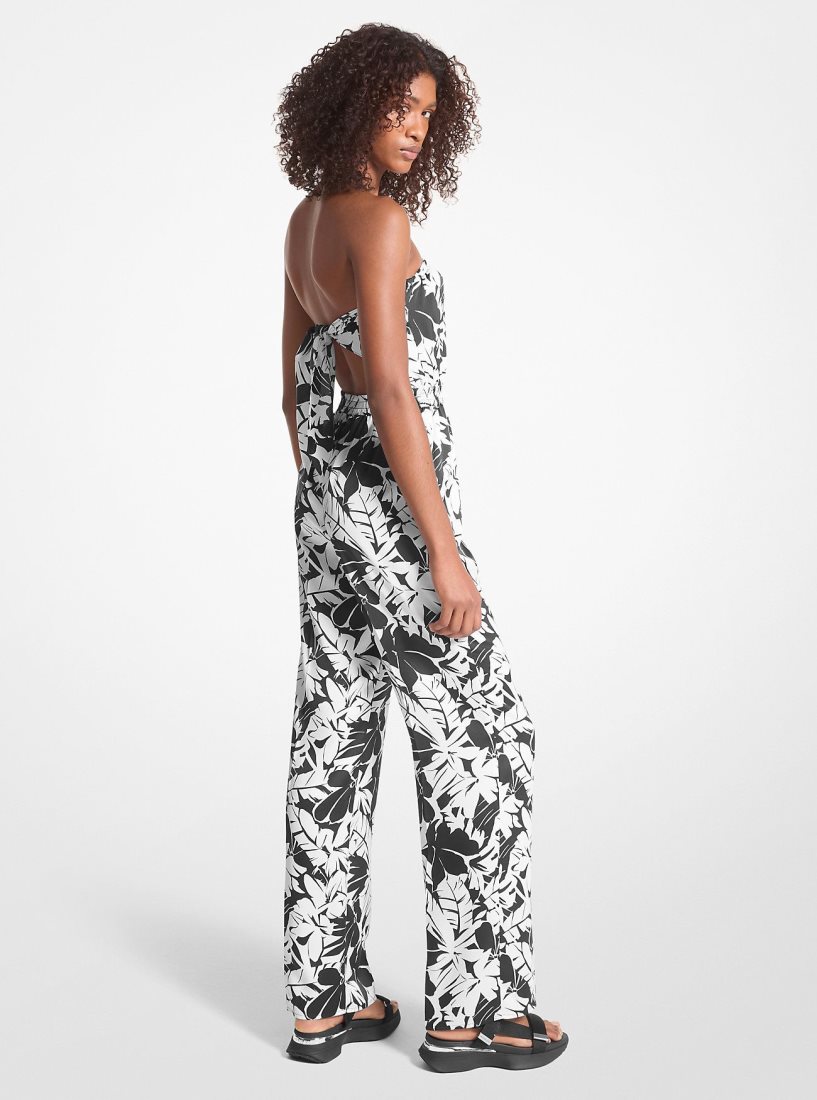 Vestido Michael Kors Palm Print Satin Tie-Back Jumpsuit Mujer Negras Blancas | 5403-HANPK