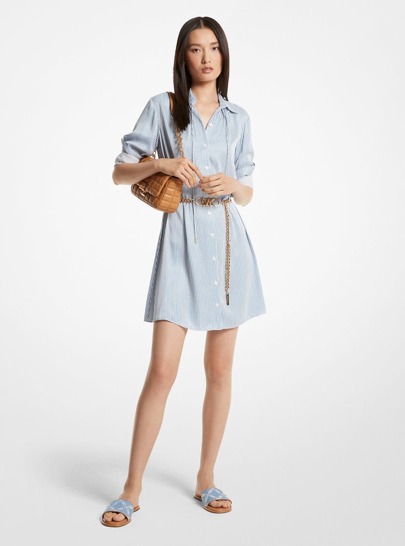 Vestido Michael Kors Pinstriped Satin Belted Shirtdress Mujer Blueberry | 3056-RKXLE