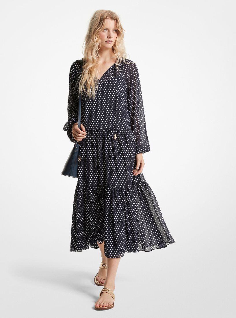 Vestido Michael Kors Polka Dot Georgette Tiered Midi Dress Mujer Midnightblue | 4157-OWAKG