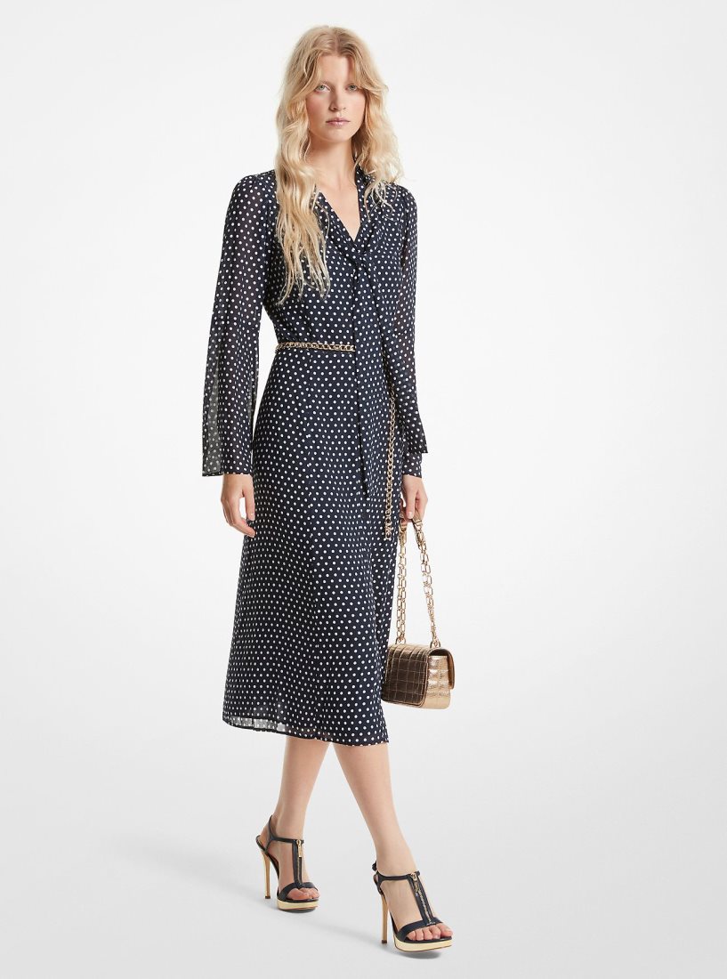 Vestido Michael Kors Polka Dot Georgette Tie-Neck Midi Dress Mujer Midnightblue | 5768-BQMWK