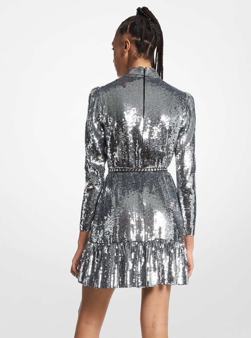 Vestido Michael Kors Sequined Georgette Ruffled Dress Mujer Plateadas | 0536-MHTFW