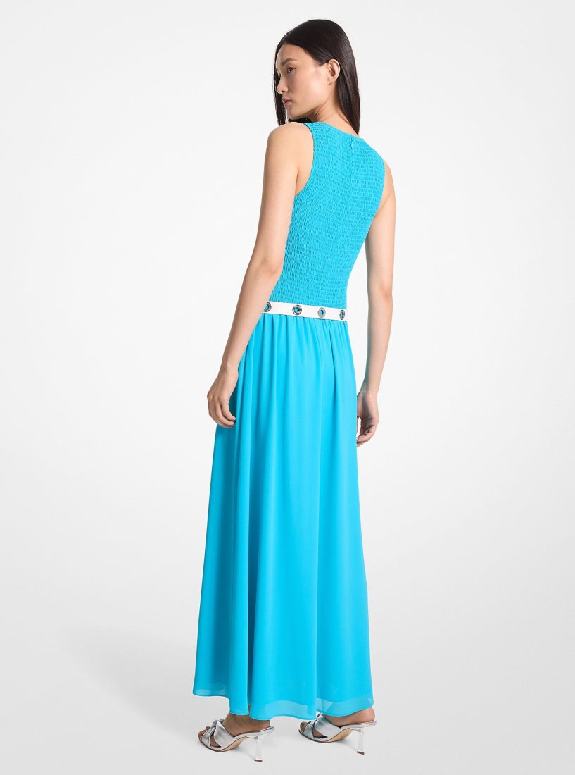 Vestido Michael Kors Smocked Georgette Maxi Dress Mujer Azules | 4867-QSFDU