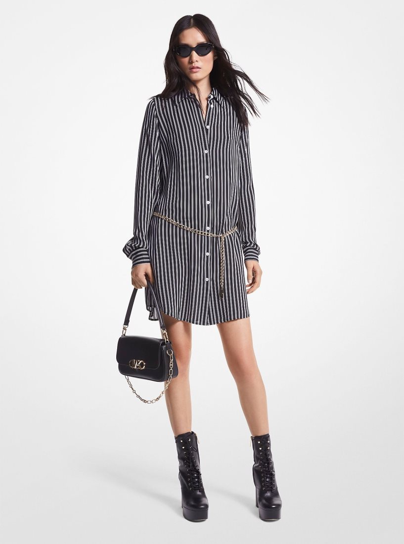 Vestido Michael Kors Striped Georgette Belted Shirtdress Mujer Negras | 8074-OEAKV