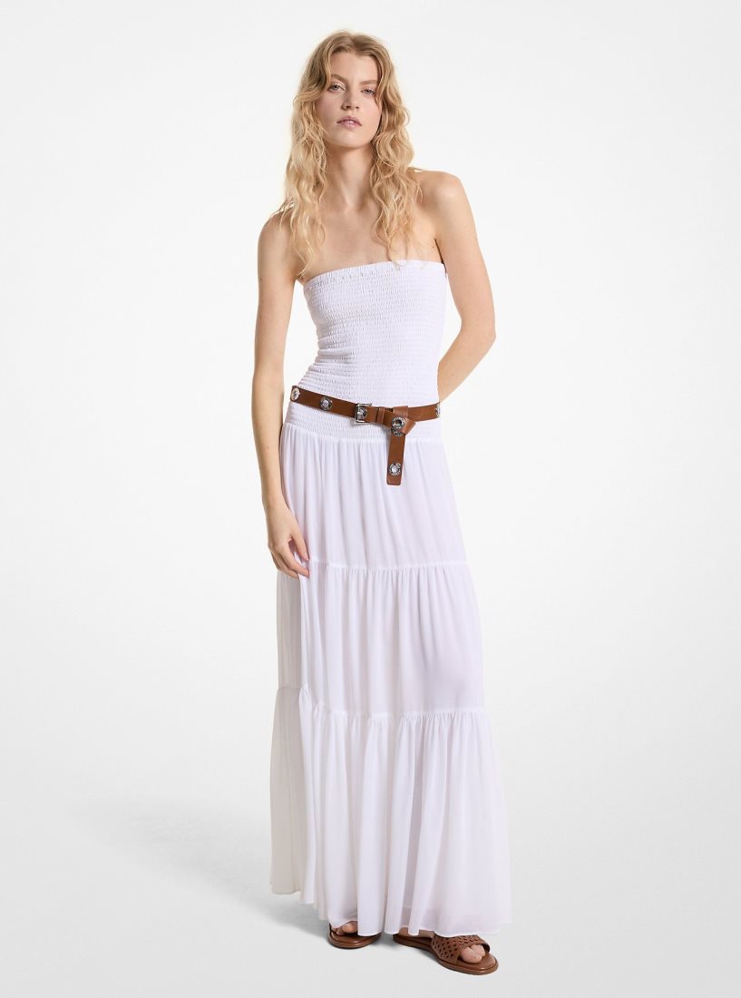 Vestido Michael Kors Tiered Smocked Georgette Maxi Dress Mujer Blancas | 2718-XJRNL