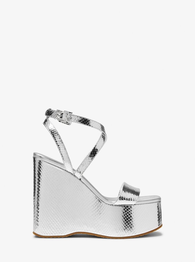 Zapatos Cuña Michael Kors Paola Metallic Snake Embossed Leather Wedge Sandal Mujer Plateadas | 7295-RBXIG