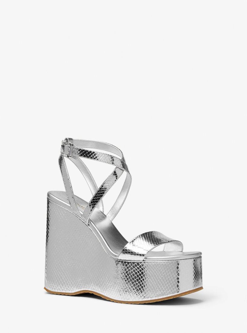 Zapatos Cuña Michael Kors Paola Metallic Snake Embossed Leather Wedge Sandal Mujer Plateadas | 7295-RBXIG