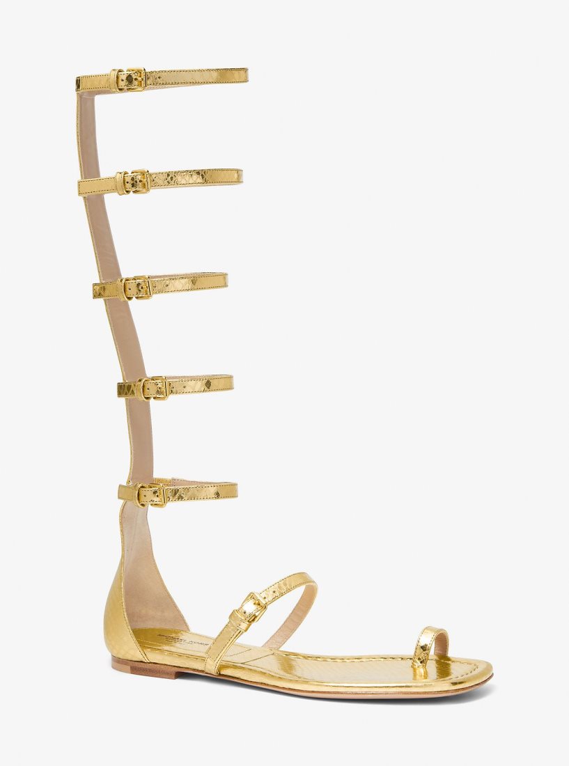 Zapatos Planos Michael Kors Juliette Metallic Python Embossed Leather Gladiator Sandal Mujer Doradas | 0843-XRUEF